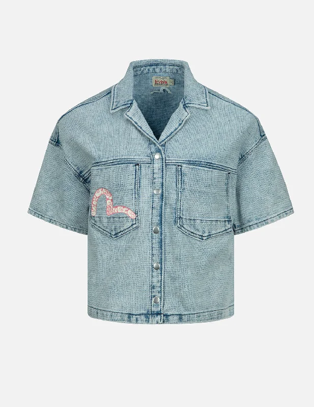 Graffiti Seagull Print Boxy Denim Shirt