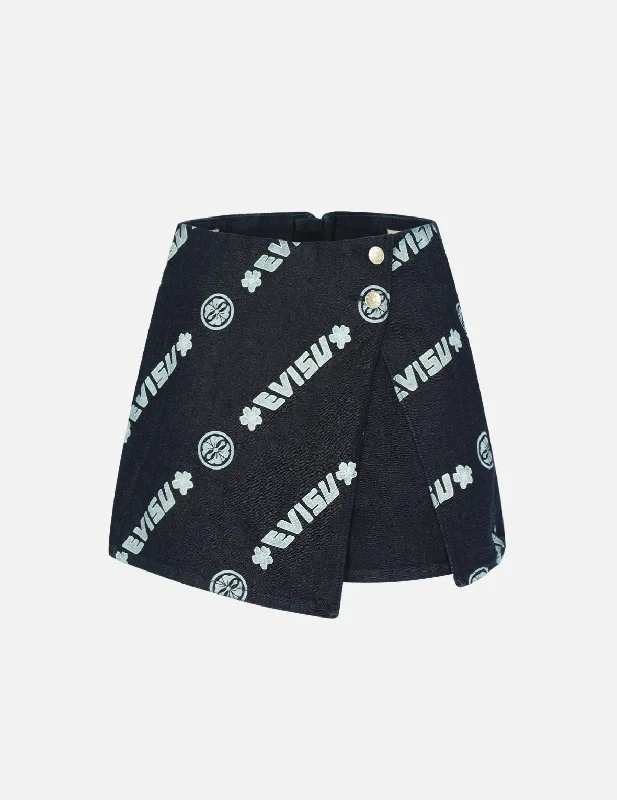 Allover Logo Print Blocking Denim Skort