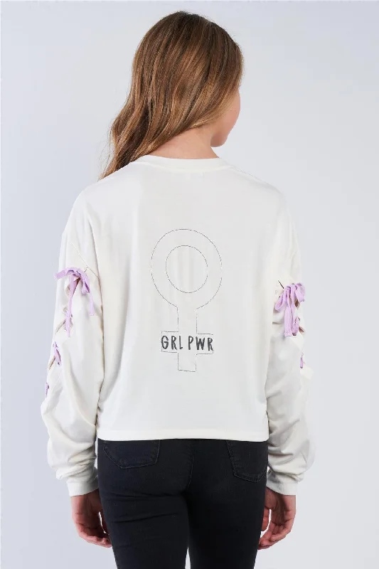 Pristine Long Sleeve "GRL POWER" Lace-Up Sleeve Pullover Top