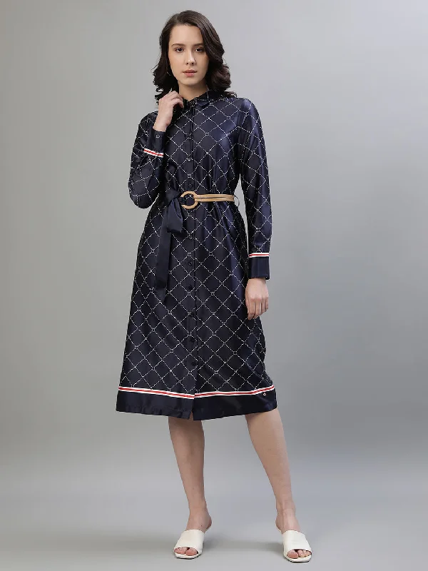 Iconic Women Navy Blue Printed Spread Collar Full Sleeves Dress