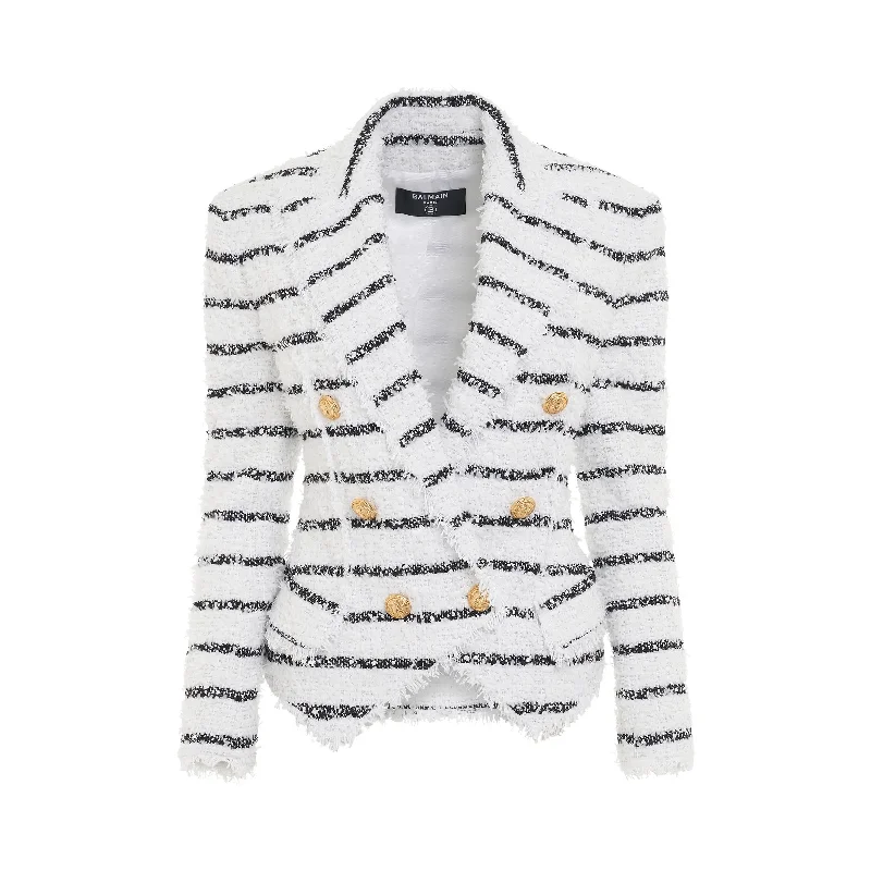 6 Button Stripped Tweed Jacket in White