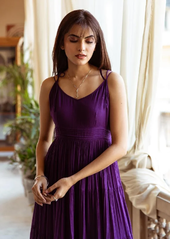 Purple Waist Pleated Strappy Dress