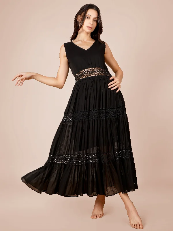 Black Gathered Lace Dress