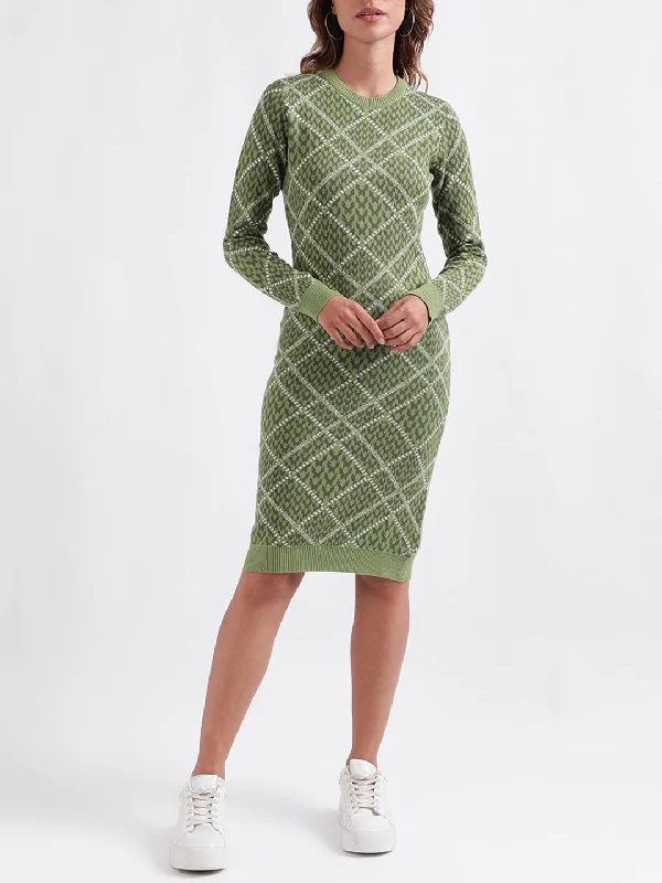 Iconic Women Woven Design Full Sleeves Round Neck Dress