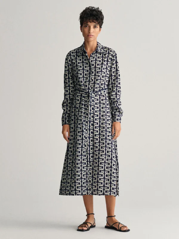 Gant Women Navy Blue Printed Shirt Collar Full Sleeves Dress