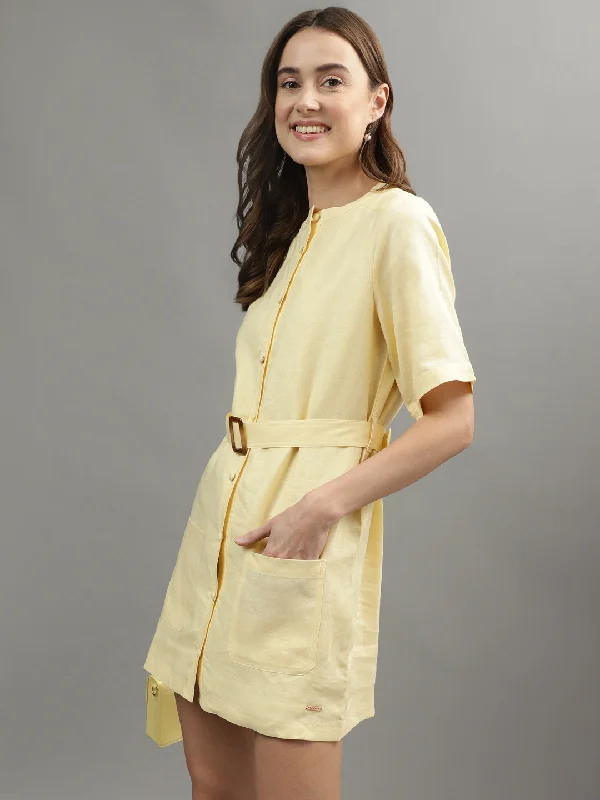 Iconic Women Yellow Solid Band Collar Dress