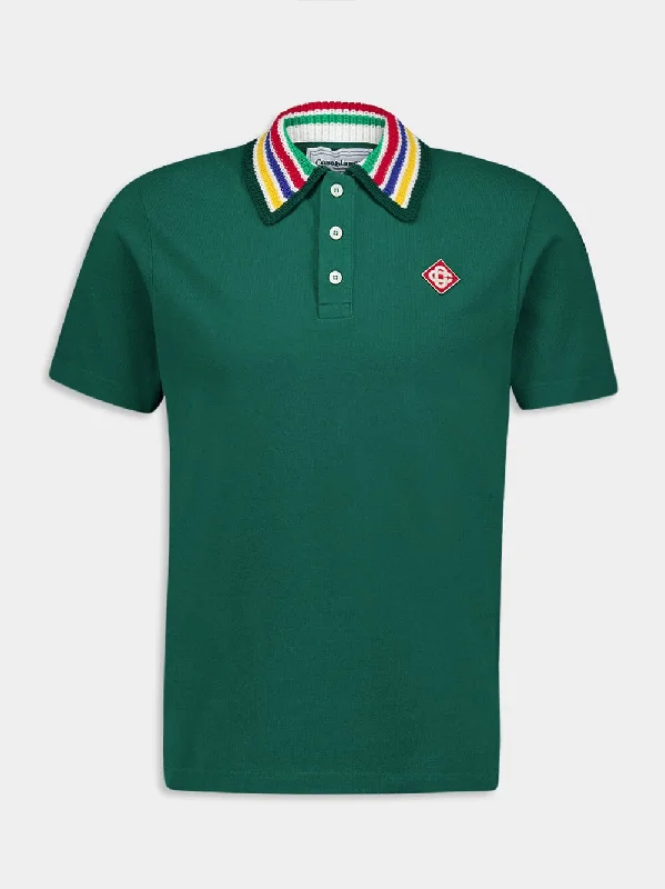 Knitted-Collar Cotton Green Polo-Shirt