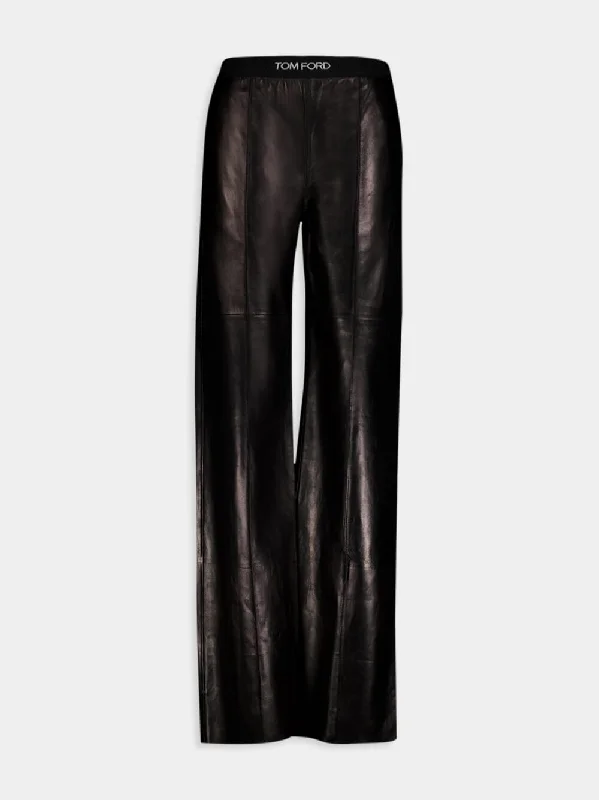 Logo-Waistband Black Leather Trousers