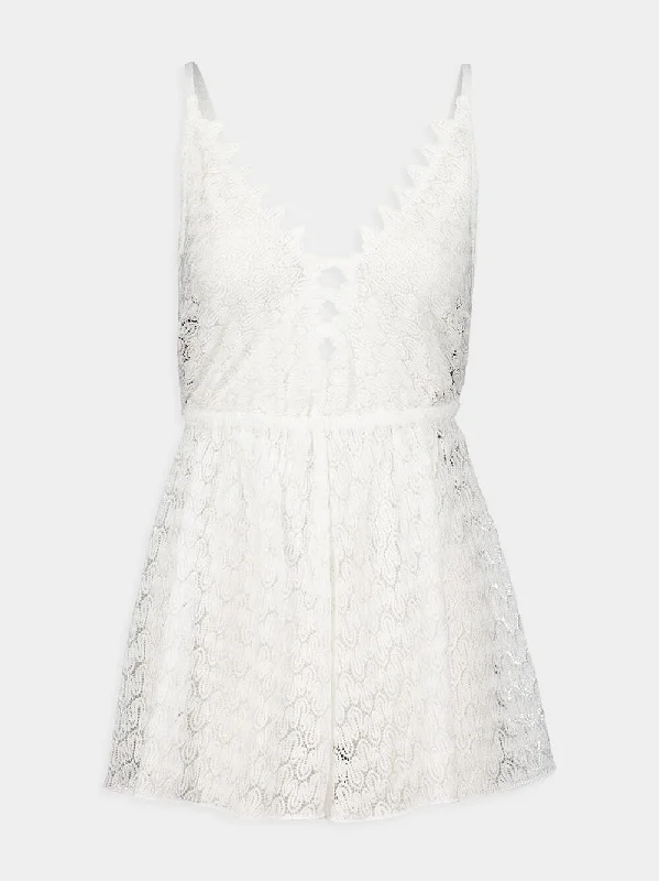 Crochet-Knit Semi-Sheer Playsuit in White