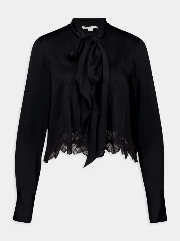 Pussy-Bow Long Sleeve Blouse in Black